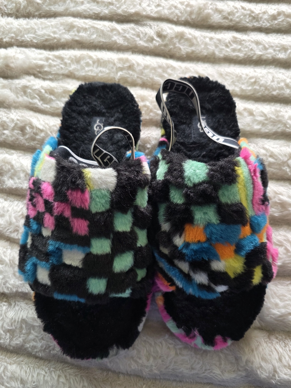 UGG Fuzzy Checkered Slide Slippers in Black with Neon Accents